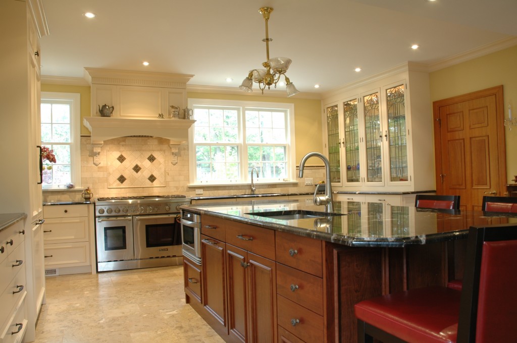 painted kitchen with cherry island